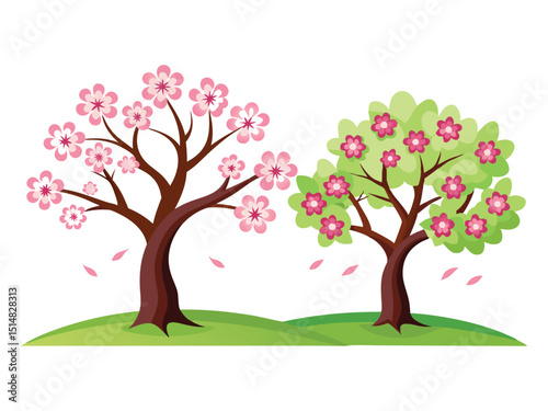 Two blooming trees spring season illustration isolated on white background
