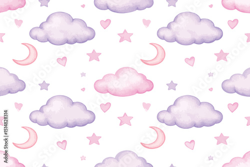 A seamless pattern with pastel clouds moons stars and hearts on a white background in watercolor style