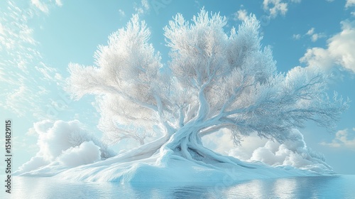 A majestic, ice-covered tree on a snow-covered island
