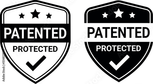 Black and white patented badge icons with check mark and stars for protected legal products	