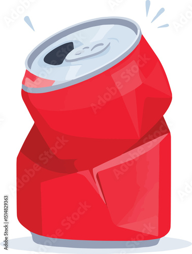 A cartoon illustration of a red crushed soda can on a Transparent  background with a slight shadow below it
