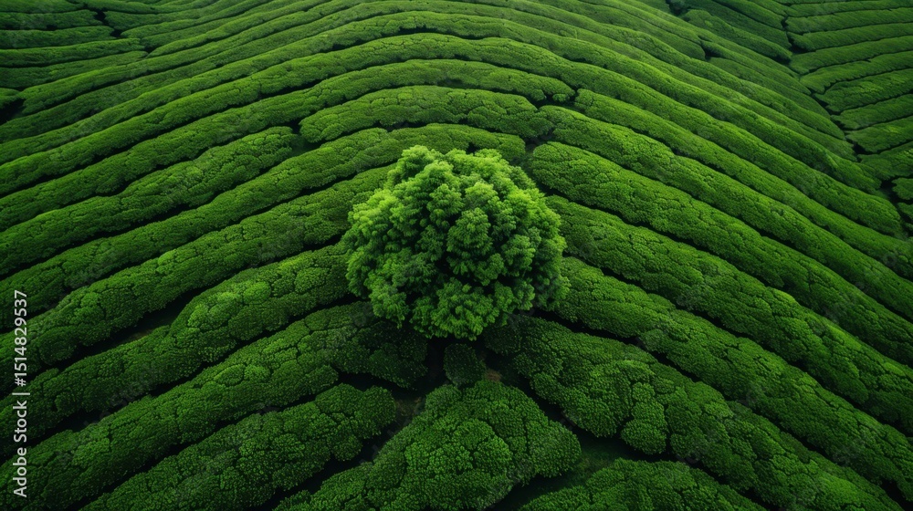Aerial View of Lush Green Tea Plantation with a Single Tree, Nature Landscape Photography