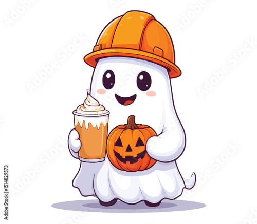 A cartoon ghost wearing a hard hat holding a pumpkin and a pumpkin spice latte on a Transparent  background