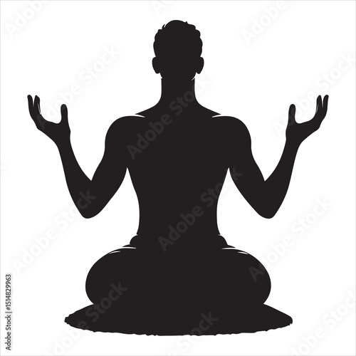 Profile view of a person in Munajat, hands outstretched in prayer, black silhouette on a white background 