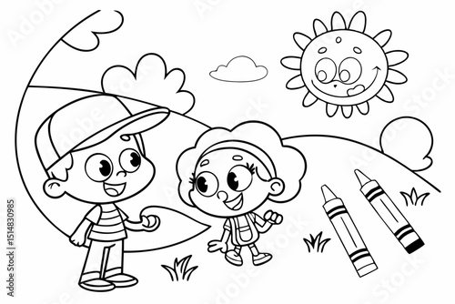 kids coloring page, crayons, cartoonish, friendly, thick outlines, no color