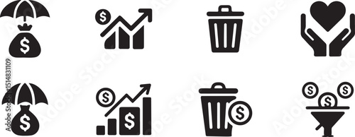 Collection of Finance Icons with Money Bag, Growth Chart and Investment Icon