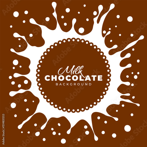 Splash and shake of milk and chocolate. Template with dynamic splash, drops, circle shaped, top view. Can be used for backgrounds, logo, emblem, label of sweet dairy products. Vector illustration