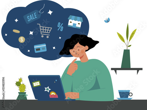The Flat best illustration of elderly woman sitting at home using laptop for online shopping