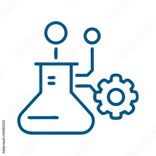 Laboratory flask with gear and bubbles in a minimalist design  