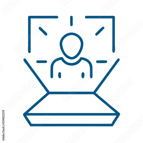 Holographic projection of a person emerging from a laptop screen
