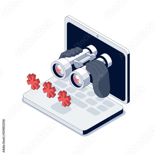 Scammer is watching the password. Binoculars appear from the screen. Keylogger spyware monitors user keystrokes to steal passwords. Malicious software secretly captures login information in real time