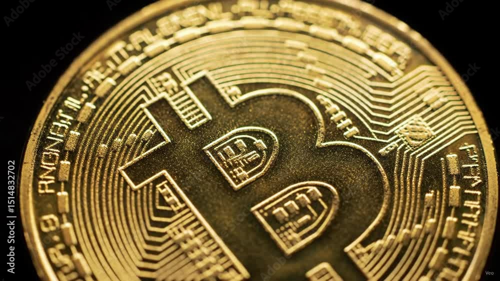 Close-up of a shiny gold bitcoin coin spinning slowly on a dark background, digital cryptocurrency, financial security and banking concept, blockchain technology, economic exchange instrument