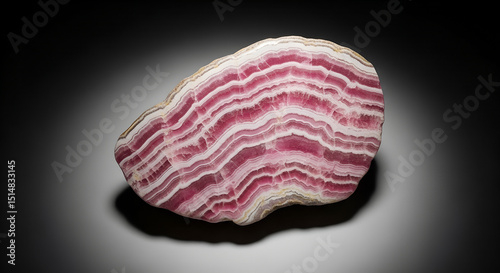 Layered rhodochrosite mineral specimen displaying pink and white bands. Close-up of crystalline structure in natural lighting. Concept: geology, mineral collection, luxury decor