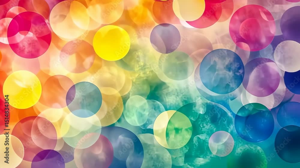 Colorful abstract background with blurred circles in various shades of red, yellow, blue, and green. Soft, dreamy effect with vibrant hues. Generative 4k video.