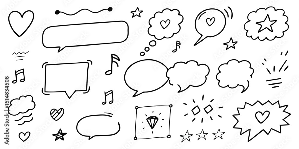 Fototapeta premium A black and white drawing of various speech bubbles and text elements arranged in a grid pattern