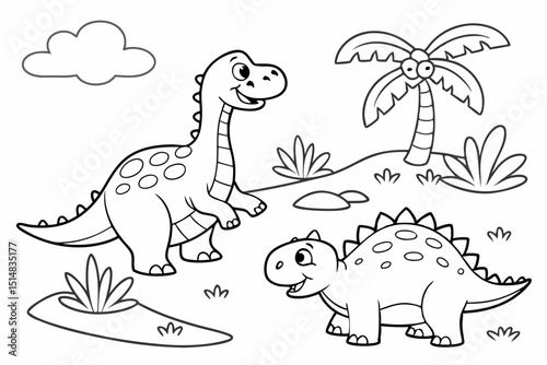 kids coloring page, dinosaurs, cartoonish, friendly, thick outlines, no color