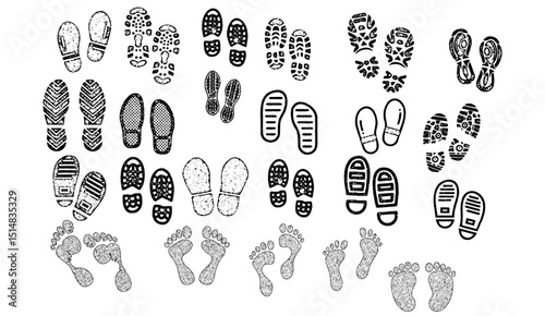 Footprints and Shoe Prints Vector Collection: Diverse Tread Patterns in Black and White for Creative Design and Illustration Projects, Perfect for Tracking and Path Concepts