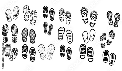Monochrome Footprint Collection: Diverse Tread Patterns for Tracking and Trails, Footstep Clues for Adventure, Black and White Footprint Art