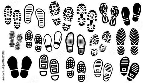 Monochrome Shoe Print Silhouette Collage: A Visual Journey of Footprints Showcasing Diverse Tread Patterns and Styles on a Clean White Backdrop Creating a Striking Graphic Design