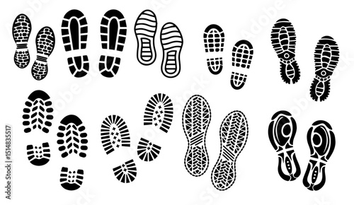 Black and White Footprint Collection: Shoe Sole Designs for Tracking and Identification, Diverse Footwear Patterns, Silhouette Graphics for Forensics and Trail Marking