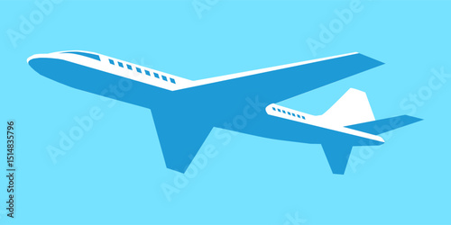 White airplane travel flying in blue sticker icon flat vector design. photo