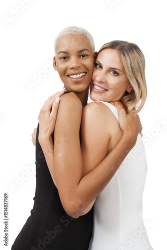 Smiling interracial lesbian couple embracing, expressing deep emotional connection and love. Tender hug symbolizing affection, diversity, inclusion, and LGBTQ+ pride. Isolated on white background