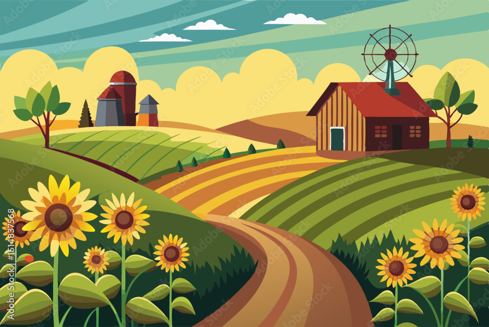 Fototapeta premium Peaceful Farmland Scene with Sunflowers and Barn vector