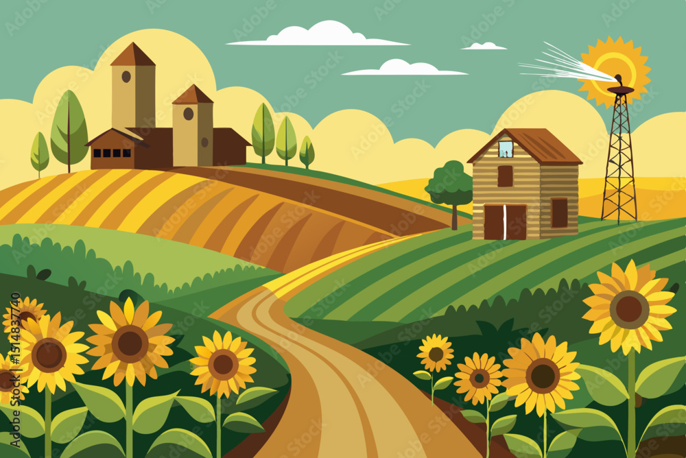 Fototapeta premium Peaceful Farmland Scene with Sunflowers and Barn vector