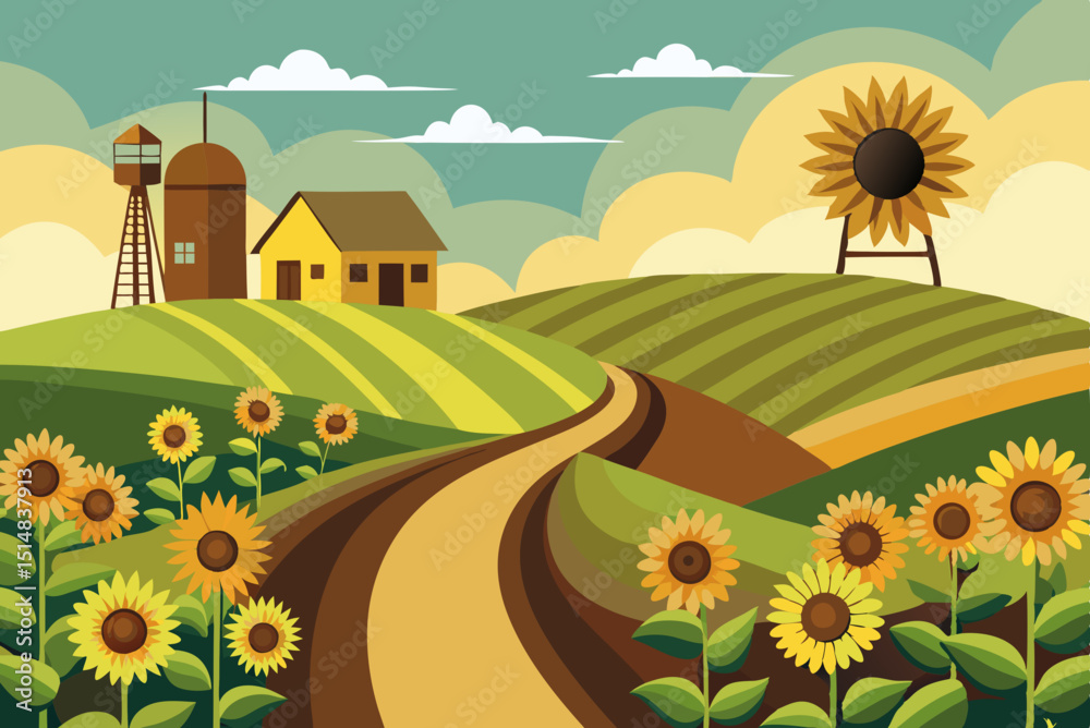 Fototapeta premium Peaceful Farmland Scene with Sunflowers and Barn vector