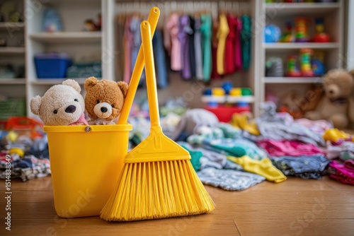 Colorful Playroom with Cleaning Supplies and Soft Toys in Focus