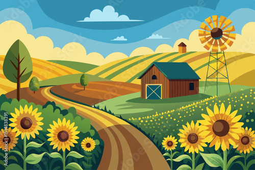 Peaceful Farmland Scene with Sunflowers and Barn vector