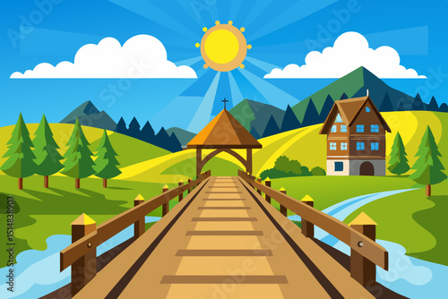 summer landscape with a wooden house