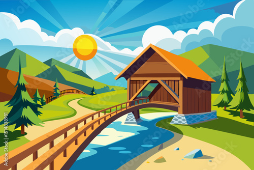 summer landscape with a wooden house