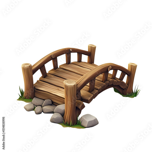 Rustic Wooden Bridge Quaint Arch Over Tranquil Stream with Isolated.