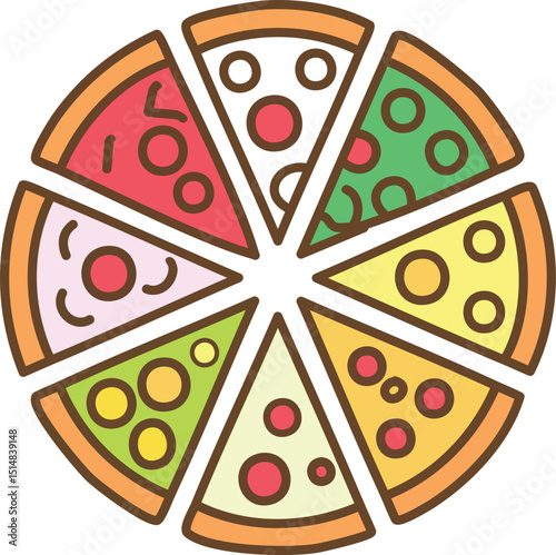 Set of 9 Pizza Slices – Variety of Toppings and Styles in Flat Vector or Icon Design