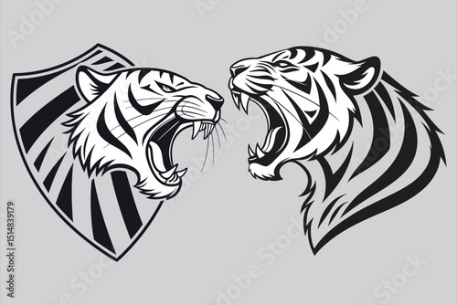 Roaring tiger head silhouette, fierce wild animal graphic.