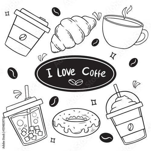 doodle coffee cup, donut, coffee beans and croissant. Hand drawn vector illustration.