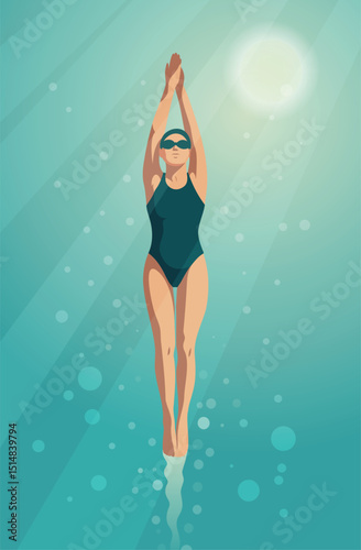 Vector illustration of swimmer in swimsuit and mask diving into water and swimming. Sports day. Energy, strength, healthy lifestyle and grace. Illustration for sports projects and health care