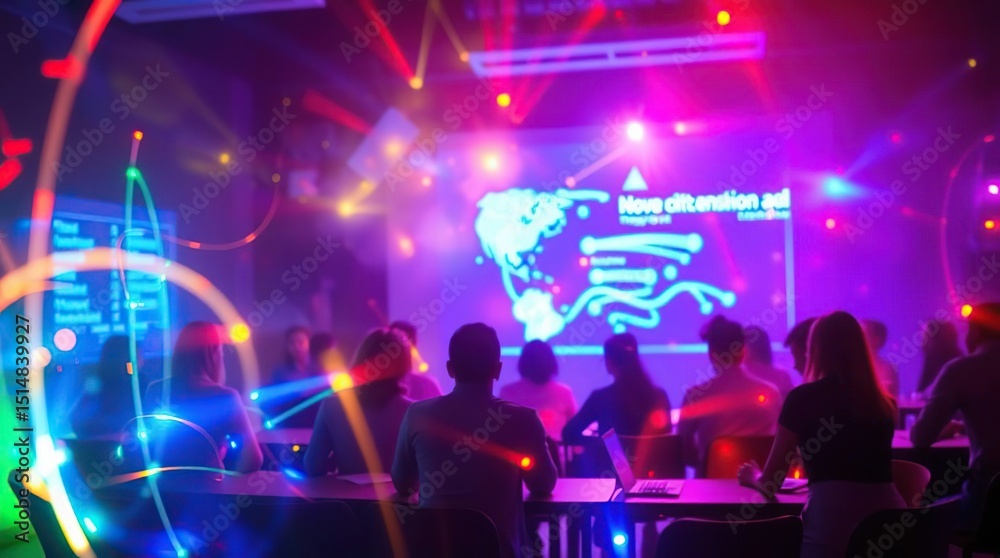 Obraz premium A brightly lit presentation hall with an audience, neon projections, and a map on a screen
