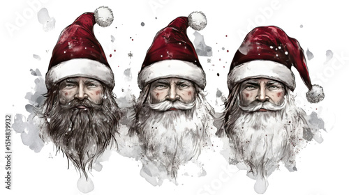 Santa Claus Trio Festive Watercolor Portraits with Snow.