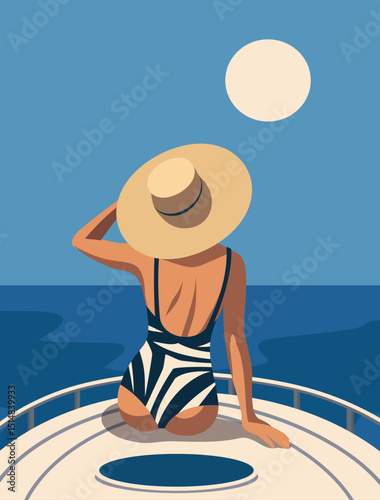 Vector summer illustration woman on vacation, wearing hat and swimsuit sitting on yacht, looking at sea and beach. Luxury and freedom. Illustration for vacation, travel, cruise and lifestyle themes