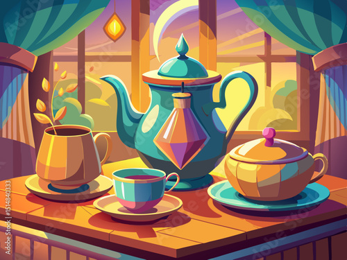 vector of A stylish tea set, with a teapot, two cups and a saucer on the table, with a very stylish and beautiful warm interior light...