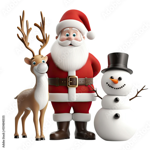Santa with Reindeer  Snowman Trio Christmas Cheer on Transparent BG.