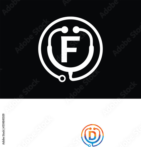 Initial F monogram alphabet with doctor stethoscope. Vector stethoscope logo. Logo for medical and pharmaceutical business. 


