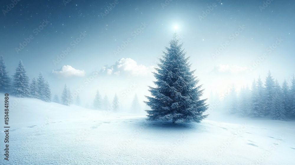 Snowy Winter Landscape with Coniferous Trees under Starry Night Sky Snowy Winter Landscape with Coniferous Trees under Starry Night Sky