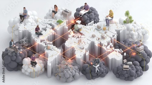 Global Remote Work: Isometric Illustration of Connected Professionals Using Cloud Technology