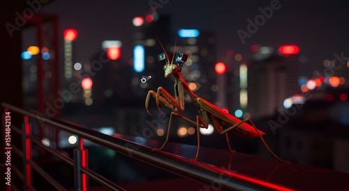 Night City Mantis: A Futuristic Insect on a Rooftop