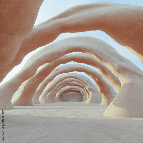 Architectural render of arched structures in a desert landscape with warm sunlight and shadows