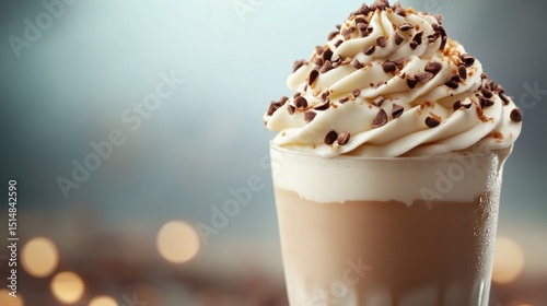 Delicious layered coffee beverage topped with whipped cream and chocolate shavings served in a clear glass with a blurred background perfect for cafe and dessert themes