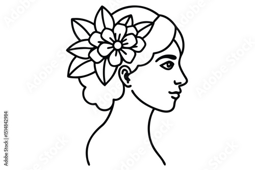 A line art illustration of a woman in profile, adorned with a floral crown of large